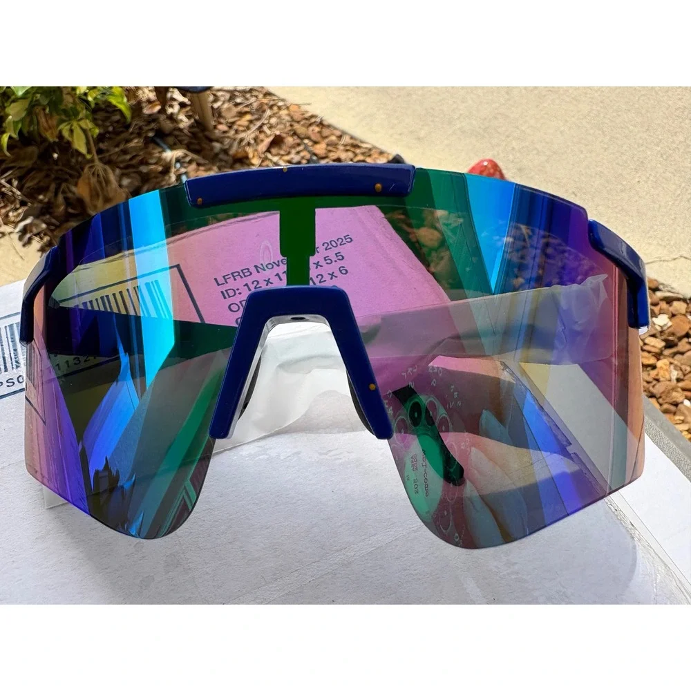Blue Shield Sport Sunglasses Iridescent Mirrored Lens Paint Splatter Wrap